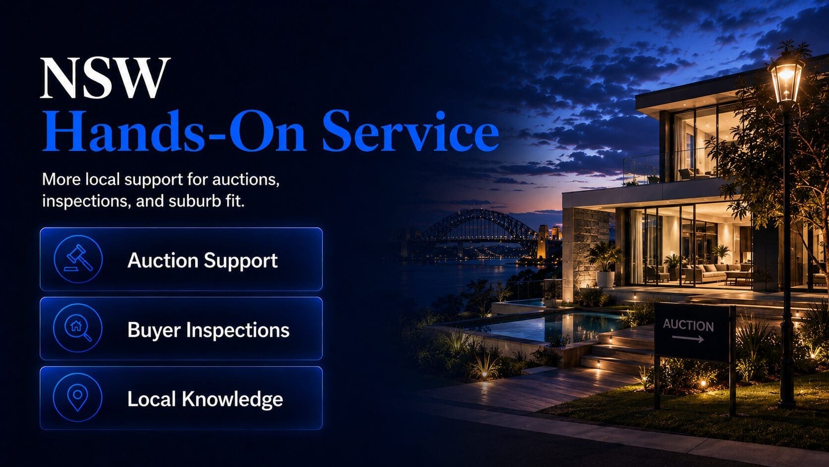 NSW home buyers agent service showing hands-on support for auctions, buyer inspections, local knowledge and suburb fit.