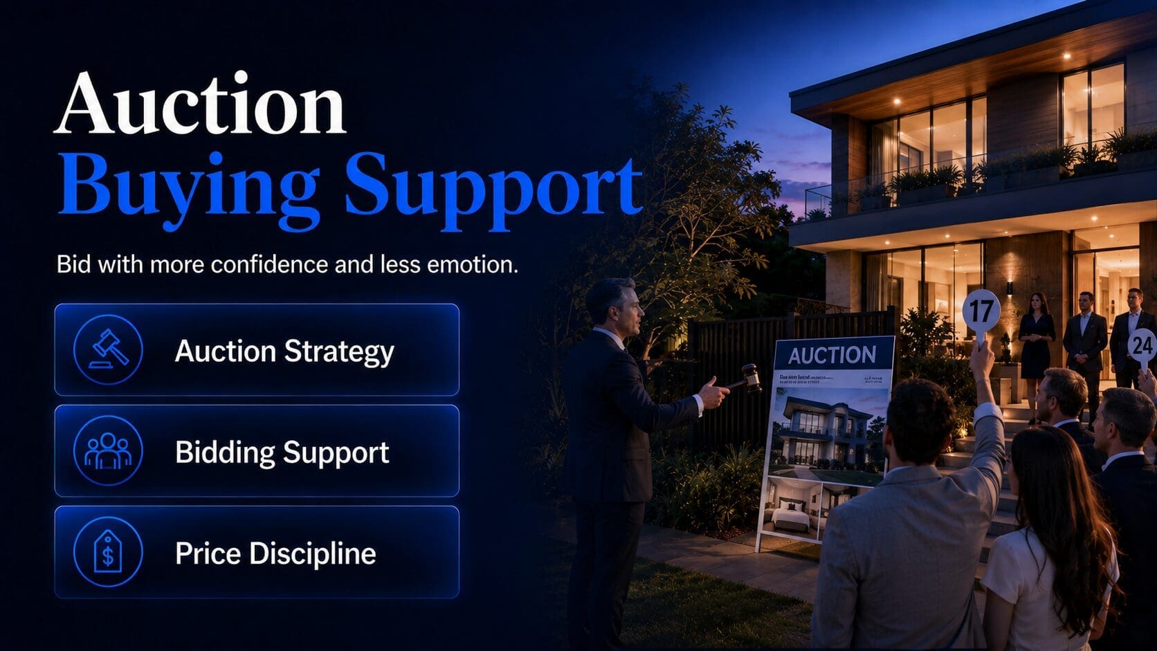 Home buyers agent auction support image showing bidding strategy, auction guidance and price discipline for NSW home buyers.