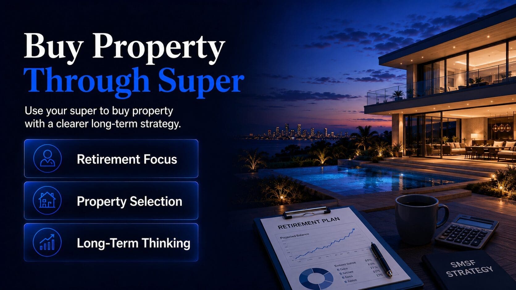 SMSF property buying image showing a luxury property, retirement planning documents and long-term investment strategy.