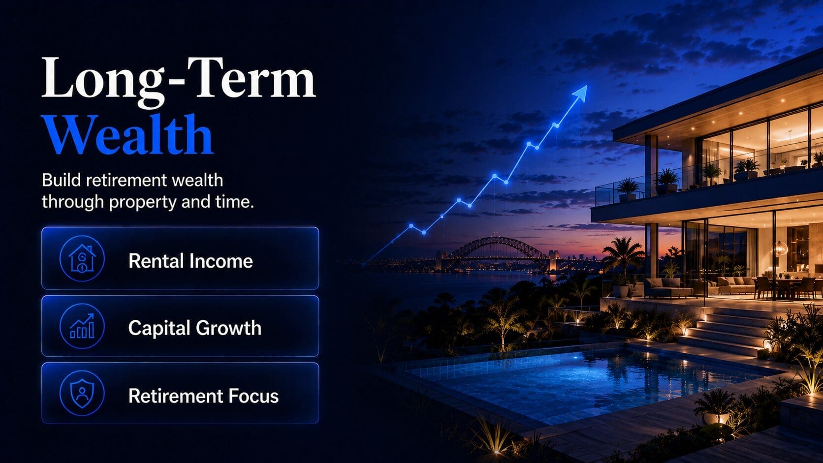 SMSF property investment image showing long-term wealth building, rental income, capital growth and retirement focus.