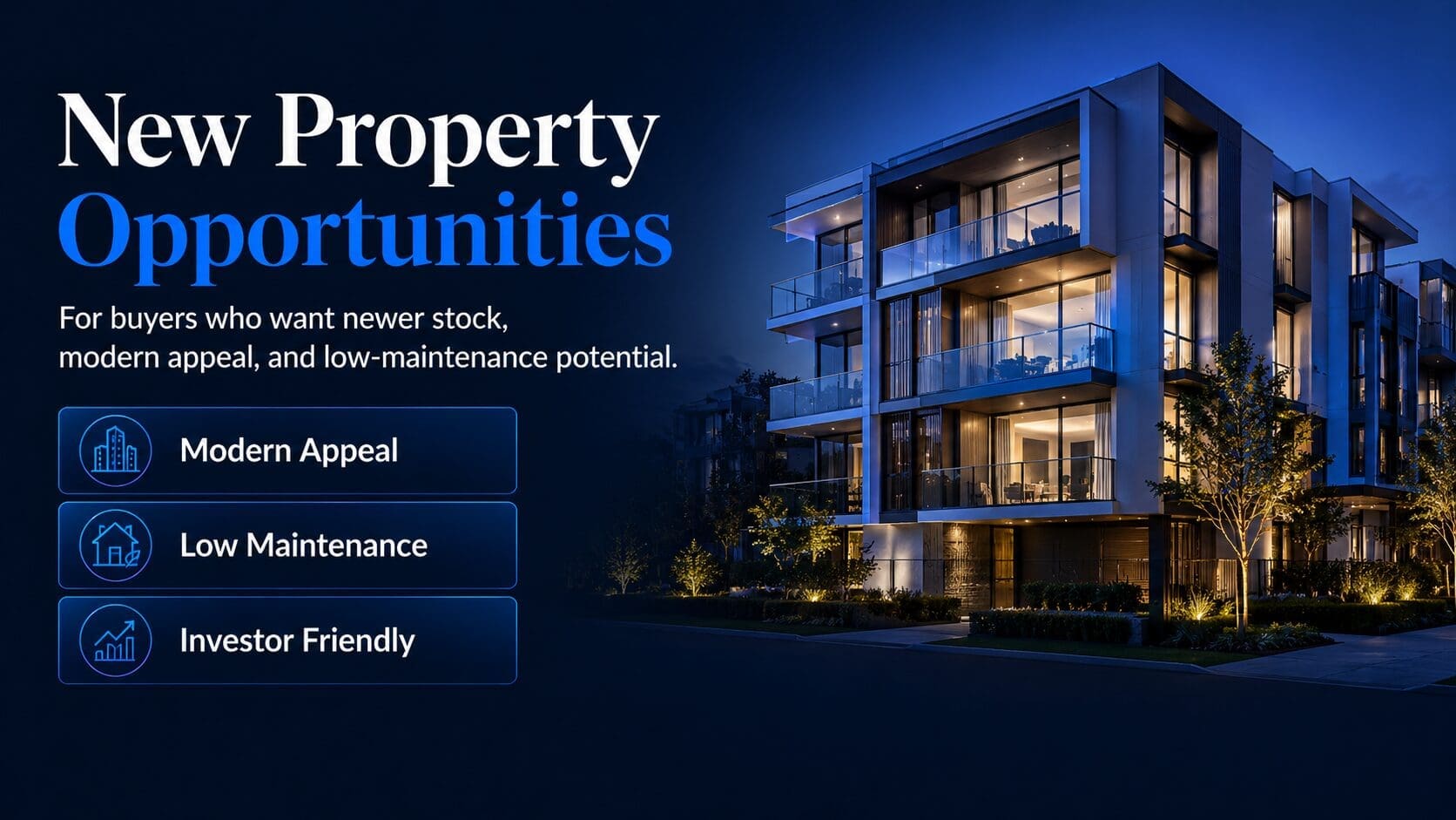 New investment property opportunities image showing a modern apartment building and buyer’s agent benefits