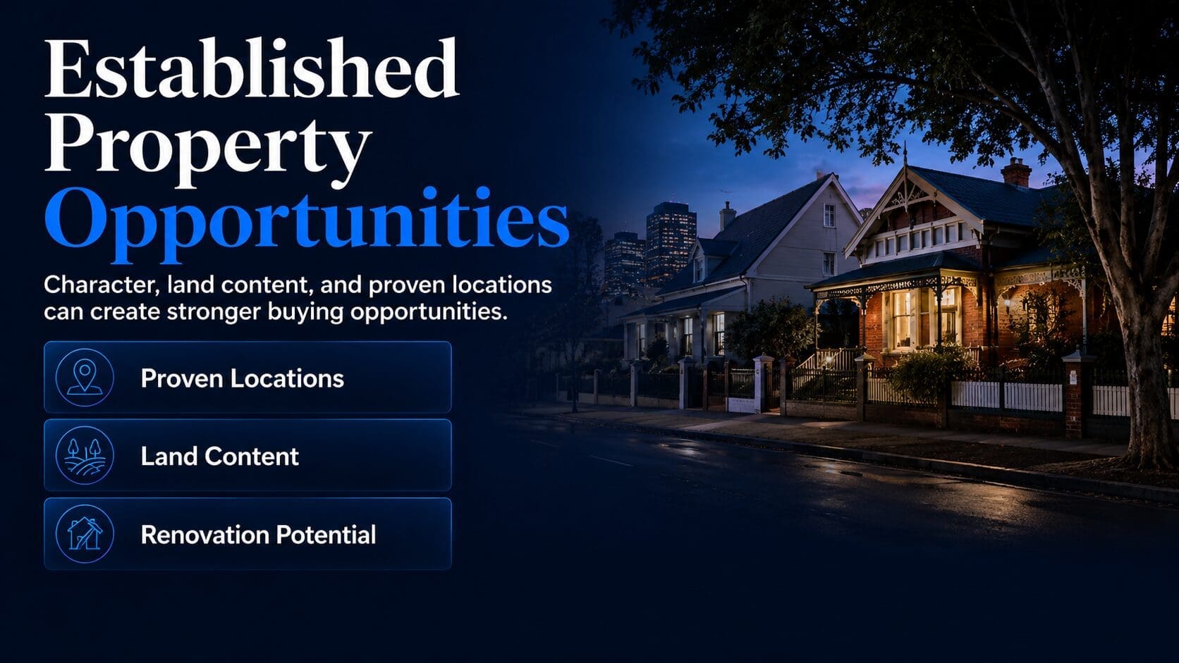 Established property opportunities image showing a character home and buyer’s agent investment strategy theme