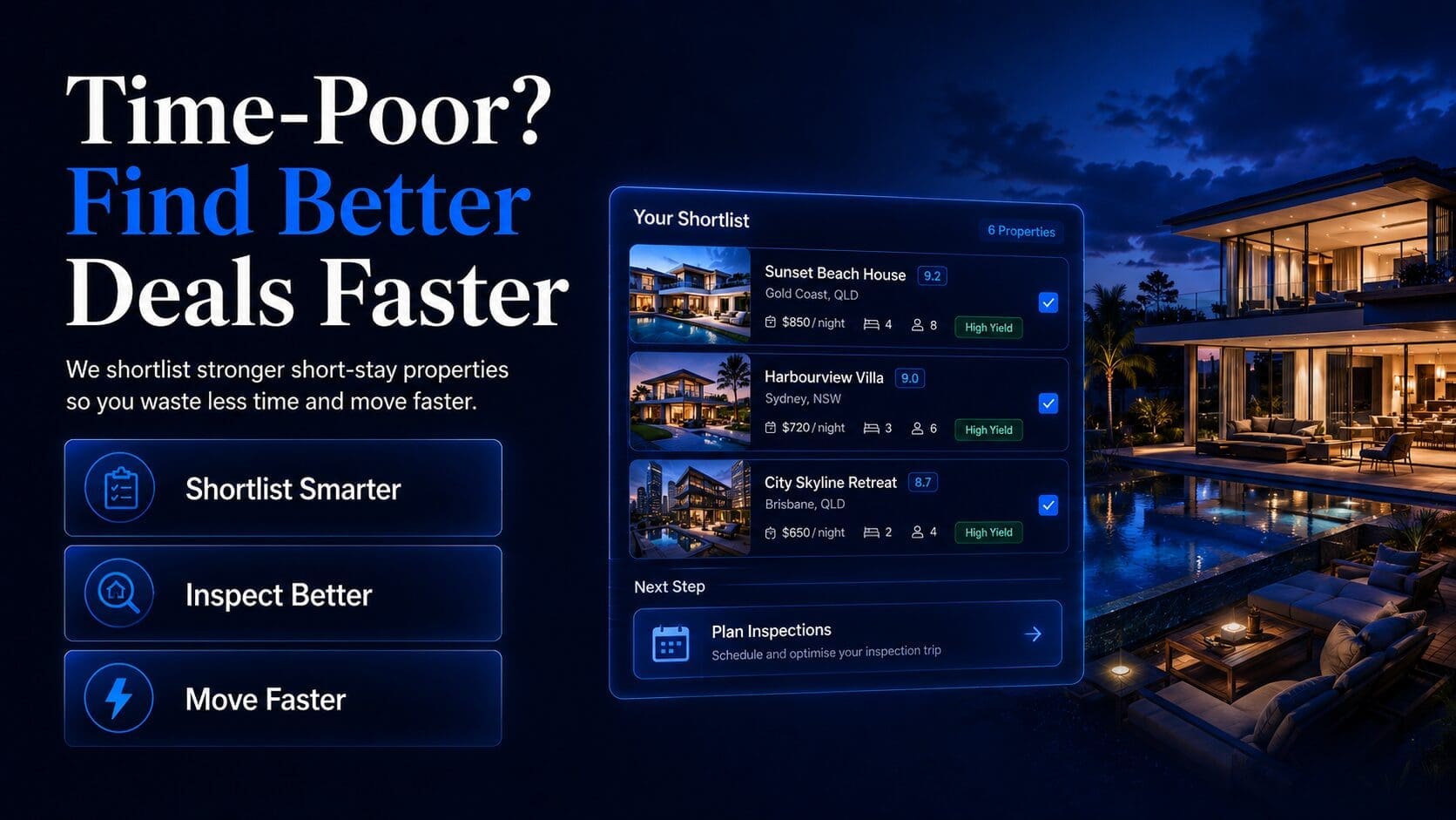 Short-term rental buyer’s agent image showing a smarter shortlist and inspection planning for Airbnb investment properties