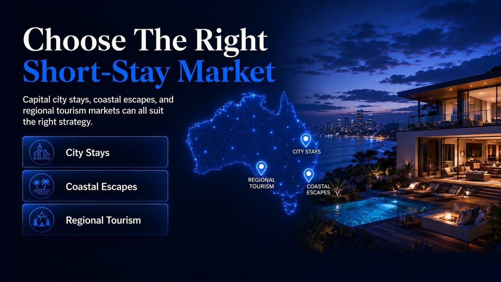 Short-term rental buyer’s agent image showing city stays, coastal escapes and regional tourism markets across Australia