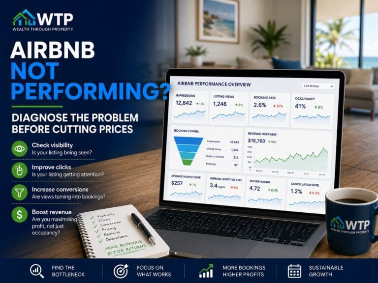 Short-term rental owner reviewing Airbnb visibility, listing clicks, booking conversion, pricing, occupancy and revenue performance on a digital dashboard.