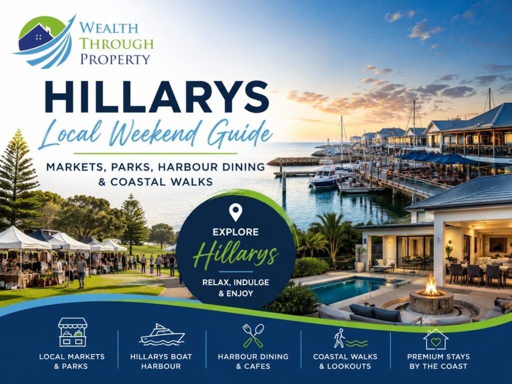 Hillarys weekend guide featured image showing a coastal marina, local park, market stalls and a relaxed Perth Sunset Coast atmosphere.