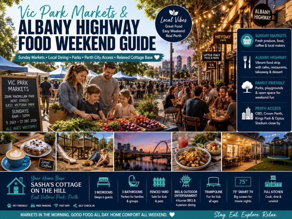 Featured image for a Vic Park Markets and Albany Highway food weekend guide showing East Victoria Park market stalls, local dining, family-friendly Perth activities and Sasha’s Cottage on the Hill.