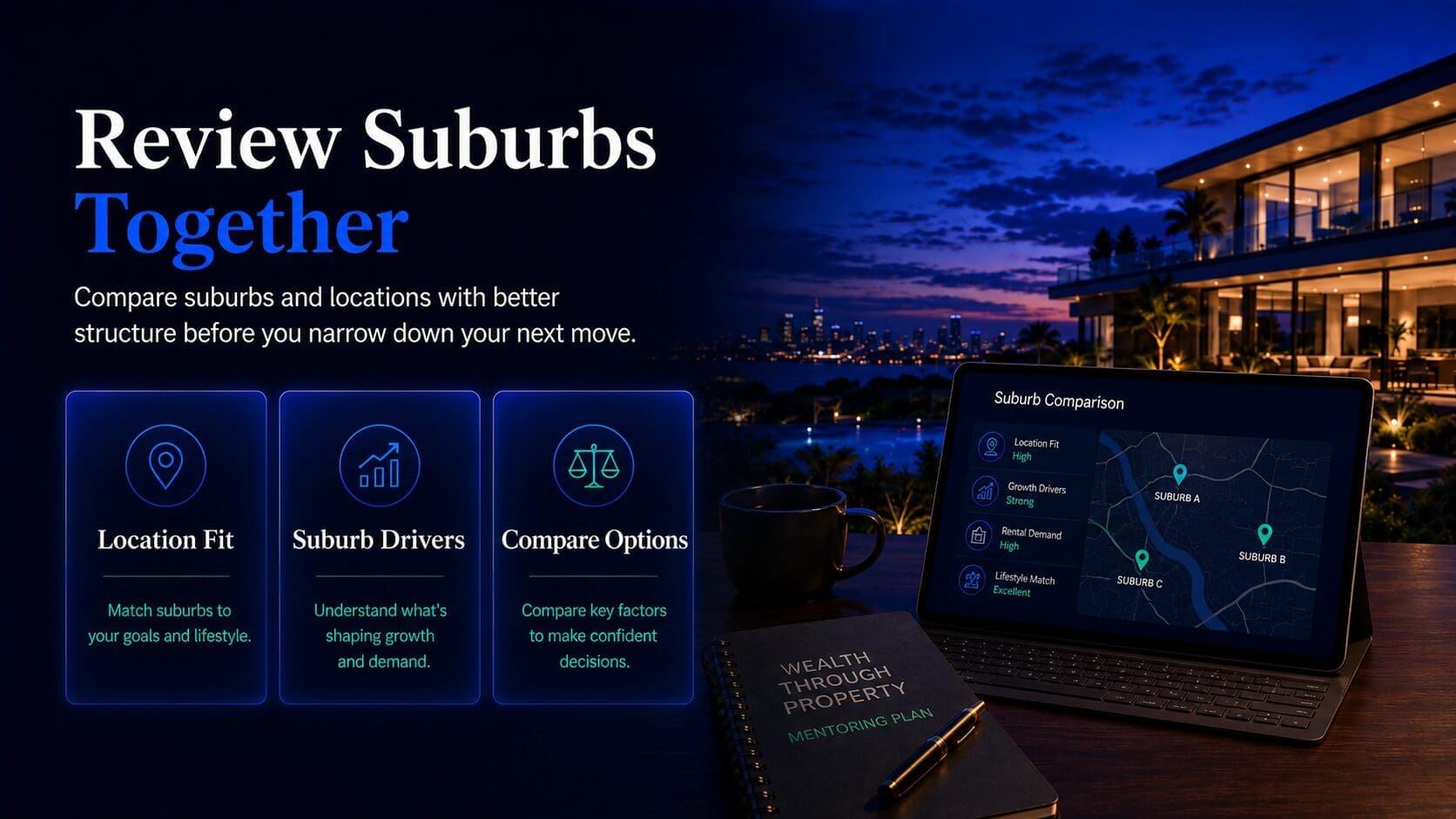 Suburb comparison mentoring session showing location fit, growth drivers and rental demand on a property strategy screen.