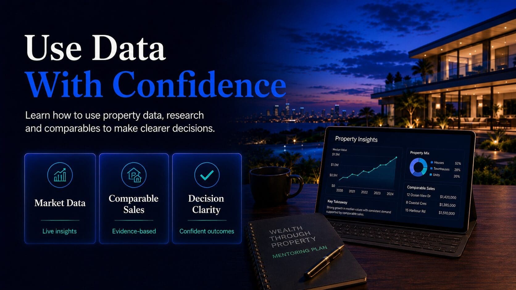 Property data mentoring image showing market insights, comparable sales and decision clarity on a real estate dashboard.