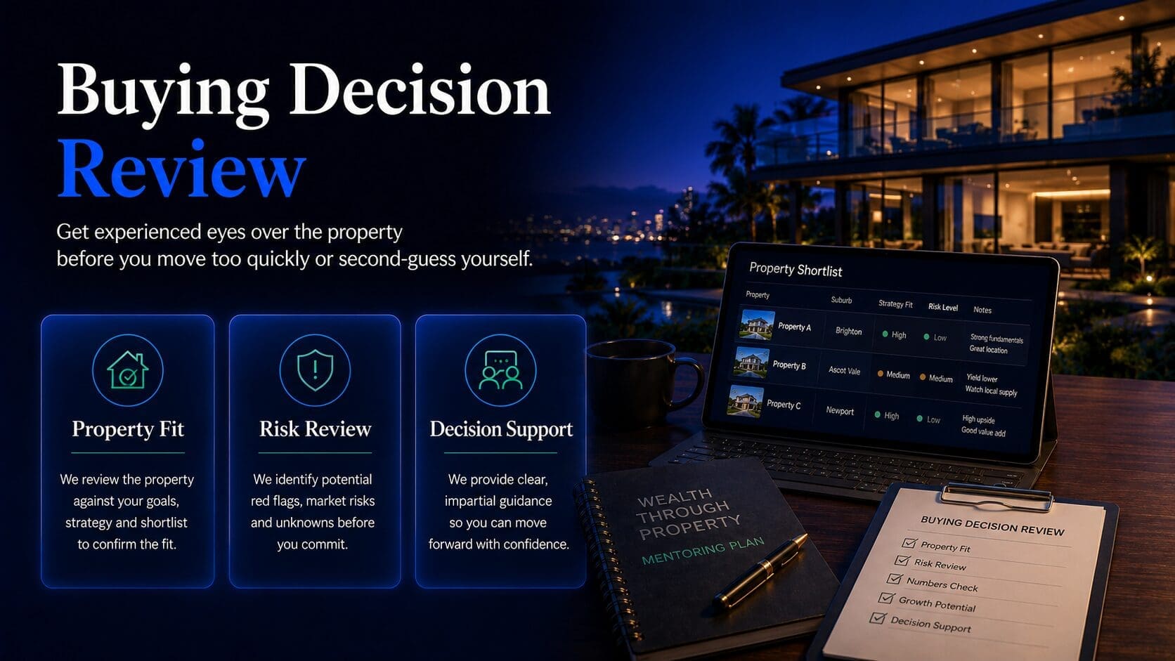 Buying decision review image showing property fit, risk review and decision support for a home buyer or investor.