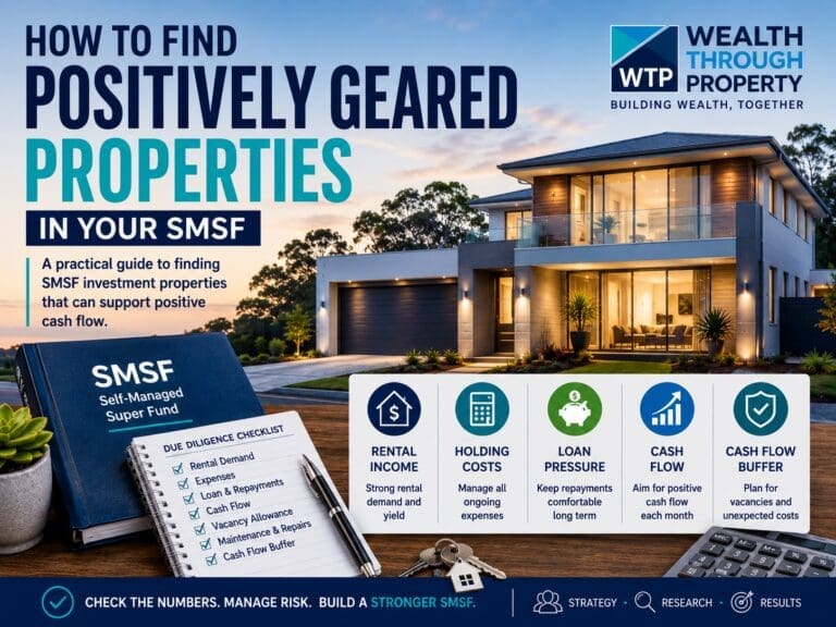 Featured image for a blog about finding positive cash flow SMSF property, showing property, rental income, expenses and due diligence checks.