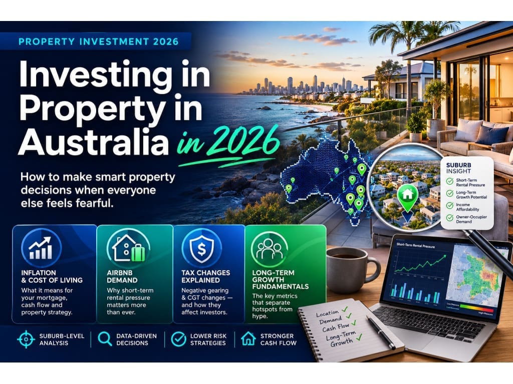 Featured image for a blog about investing in property in Australia in 2026, showing suburb-level data, inflation pressure, Airbnb demand and long-term growth fundamentals.